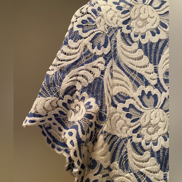 Blue and white lace fully lined Maggy London dress with cap sleeves size 16 - Picture 11 of 11